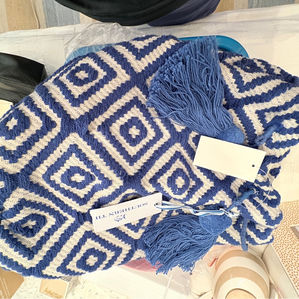 Southern Tide Blue and White Geometric drawstring backpack